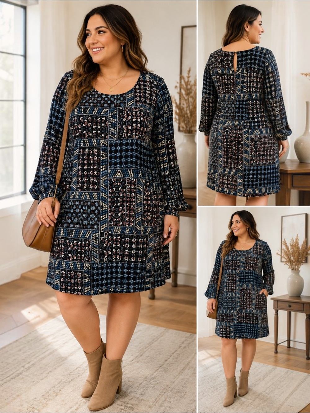 LOFT Plus Size 20 Patchwork Floral Swing Dress Long Sleeve Blue Black Boho